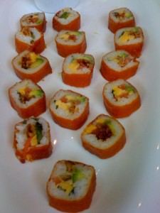 BLTsushi BLT Roll, with bacon, tomatoes, white cheddar, avocado & lettuce, wrapped in a tomato wrap