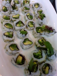 greedgoddesssushi Green Goddess Roll with baby greens, cucumber, avocado, asparagus and wasabi-sesame seeds, served with Green Goddess dressing