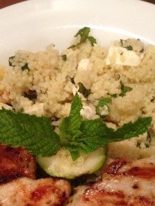 Couscous with mint, feta and grilled zucchini served with grilled chicken.